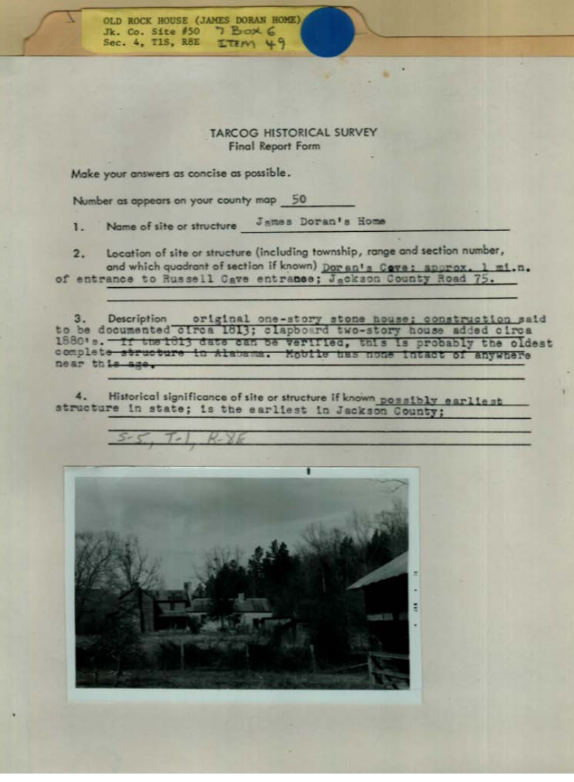 The above page of the application contains a dark black and white photograph of the home site as it looked in 1974, along with the words, "If the 1813 date can be verified, this is probably the oldest complete structure in Alabama. Mobile has none intact of anywhere near this age."